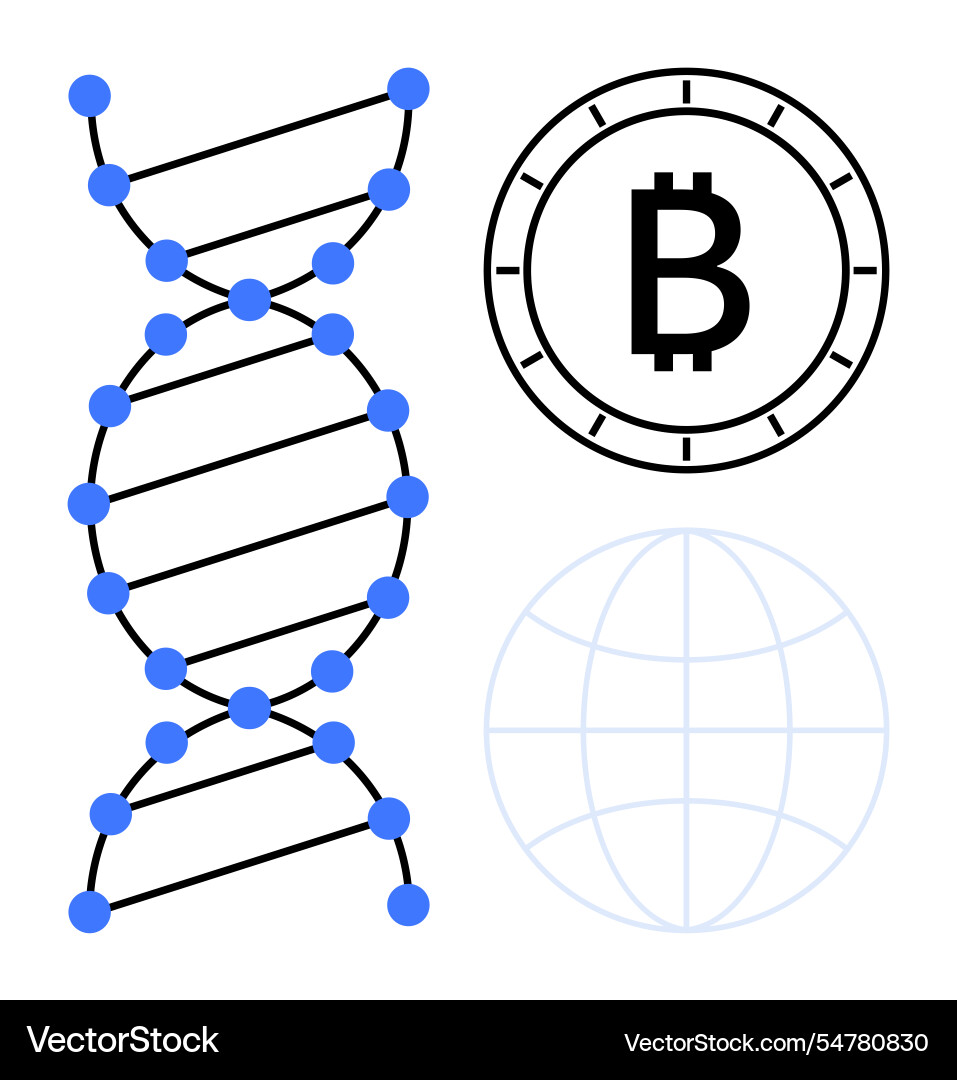 Dna helix bitcoin symbol and globe abstraction Dna helix bitcoin symbol and globe abstraction vector image