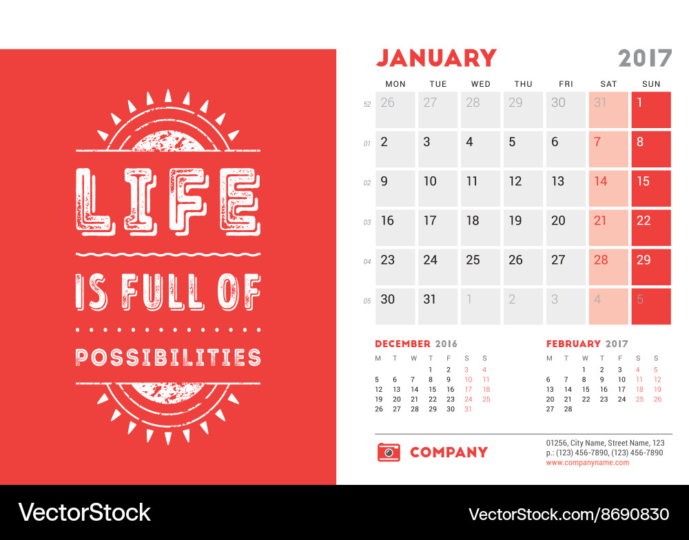 Schreibtischkalender Vorlage für 2017 Jahr Januar Vektorbild