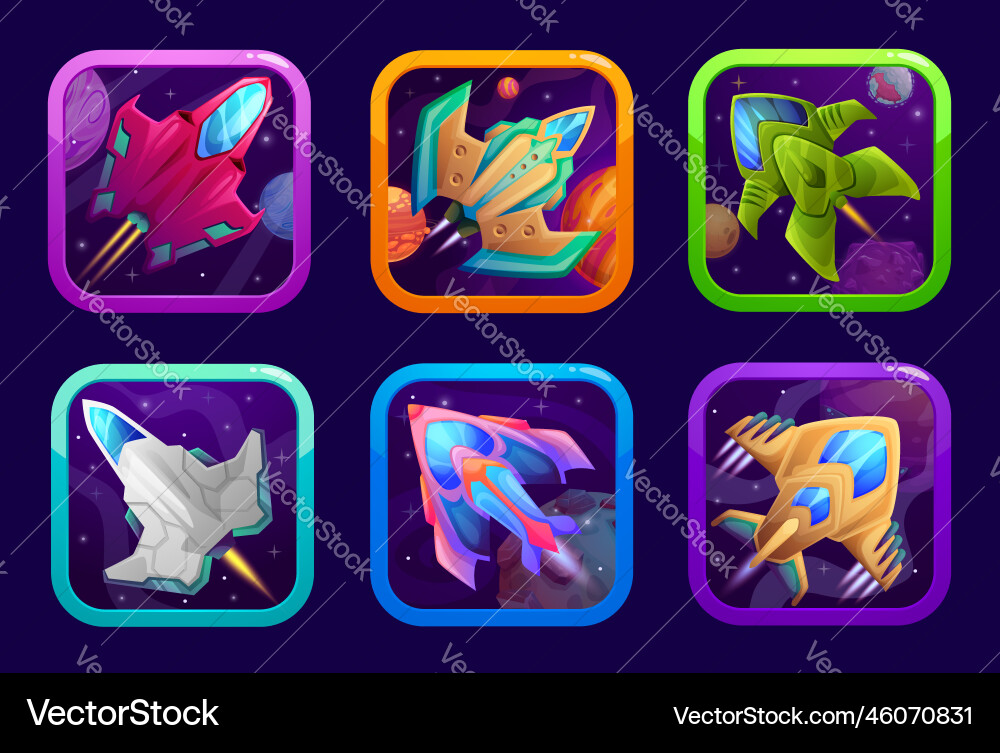 Cartoon space game app spaceship icons buttons set Cartoon space game app spaceship icons buttons set vector image