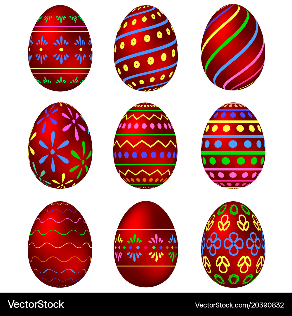 A set of red easter eggs with patterns Vector Image