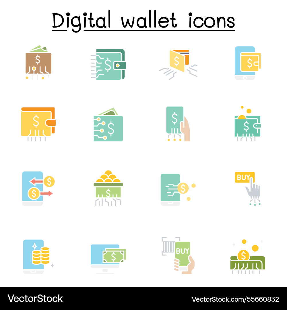 Digital wallets icon set in flat color style Vector Image