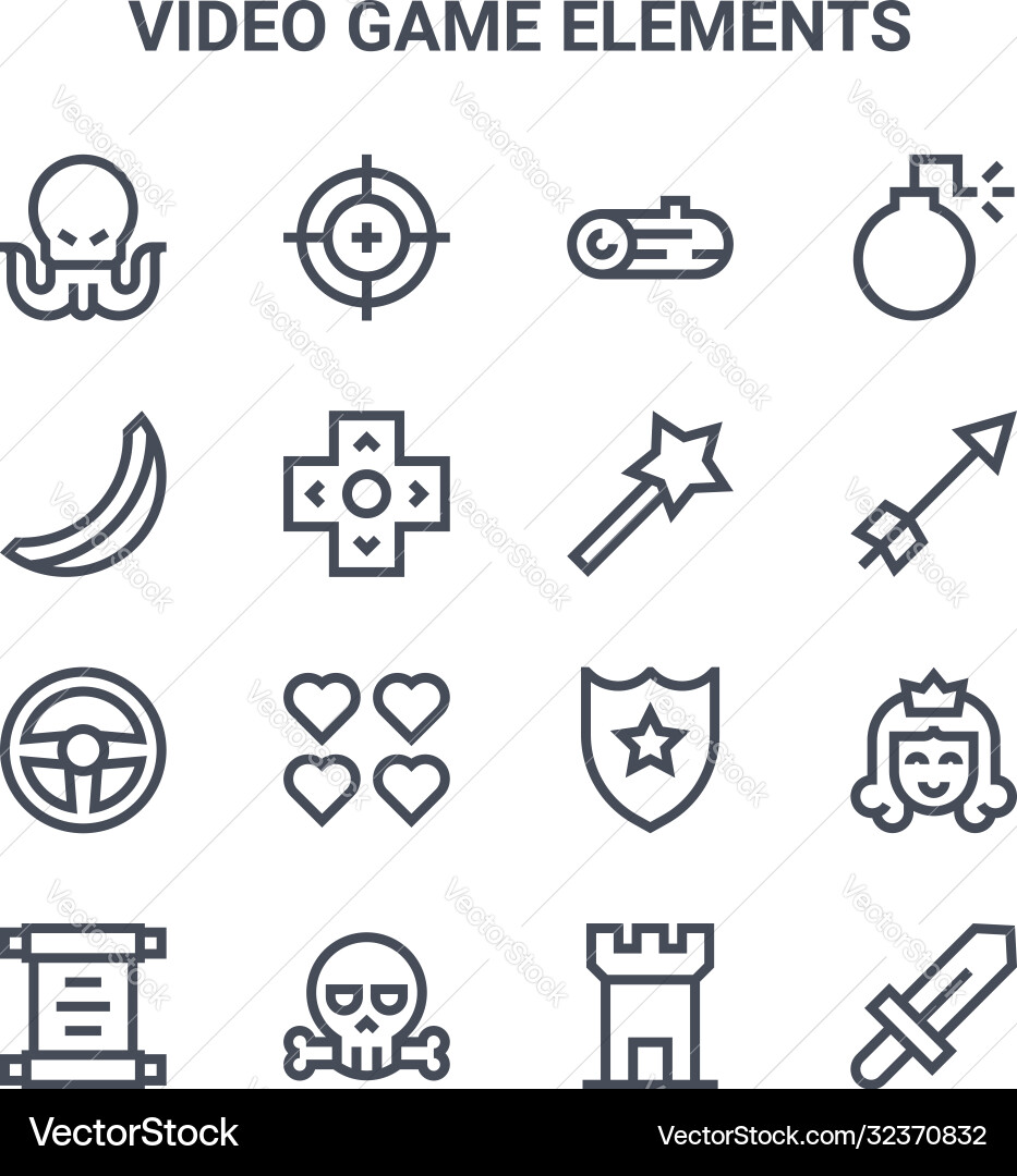 Set 16 video game elements concept line icons Set 16 video game elements concept line icons vector image