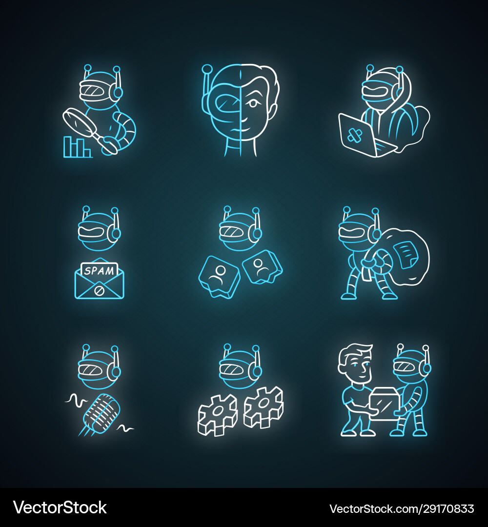 Internet bots neon light icons set hacker voice Internet bots neon light icons set hacker voice vector image