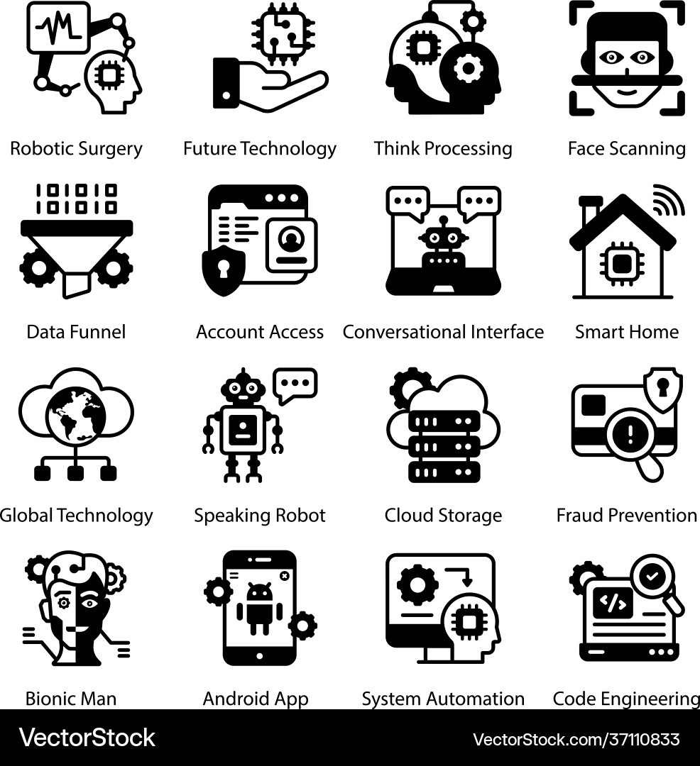 Robotics machines and technology solid icons set Vector Image