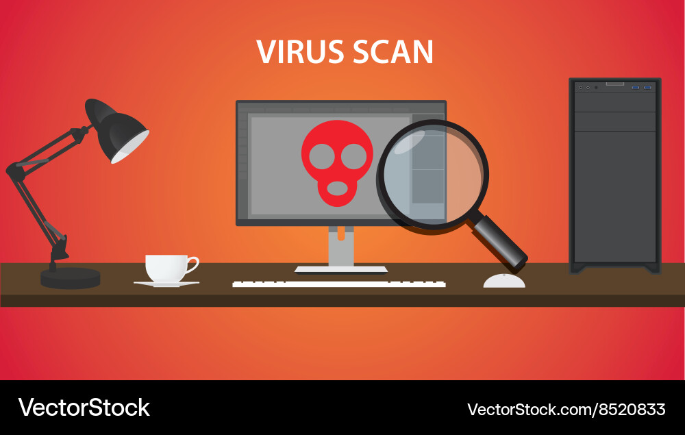 Scan computer virus with red skull and pc vector image