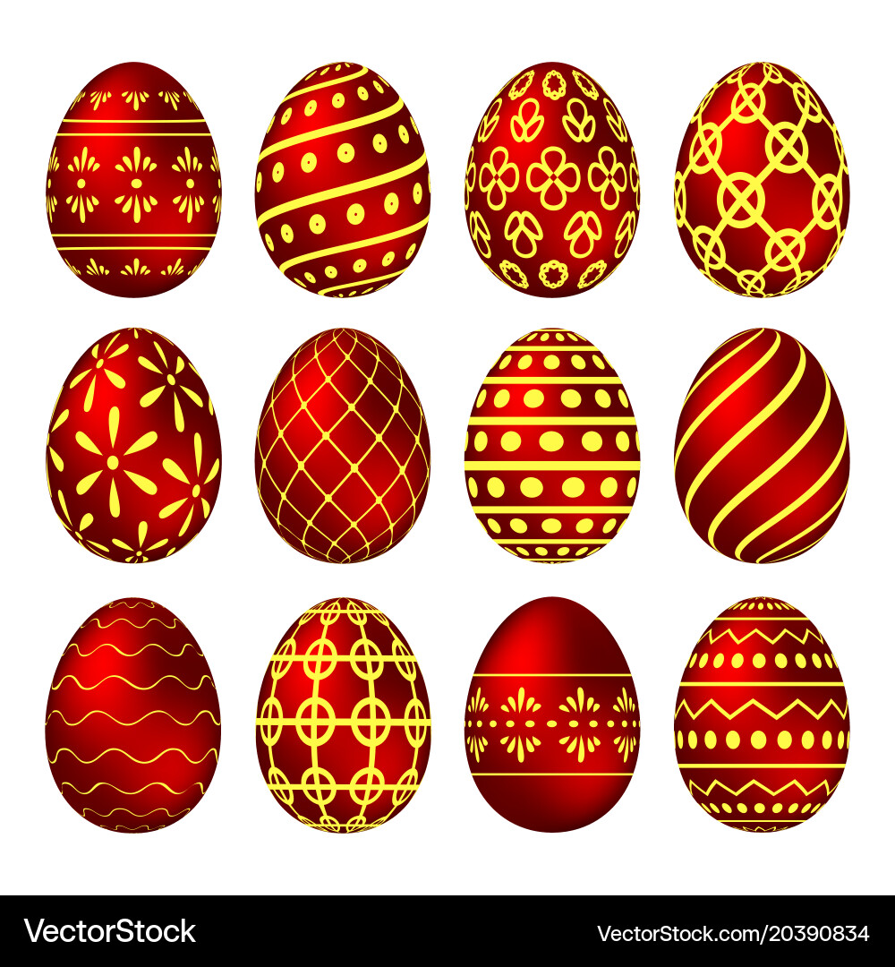 A set of red easter eggs with patterns Vector Image