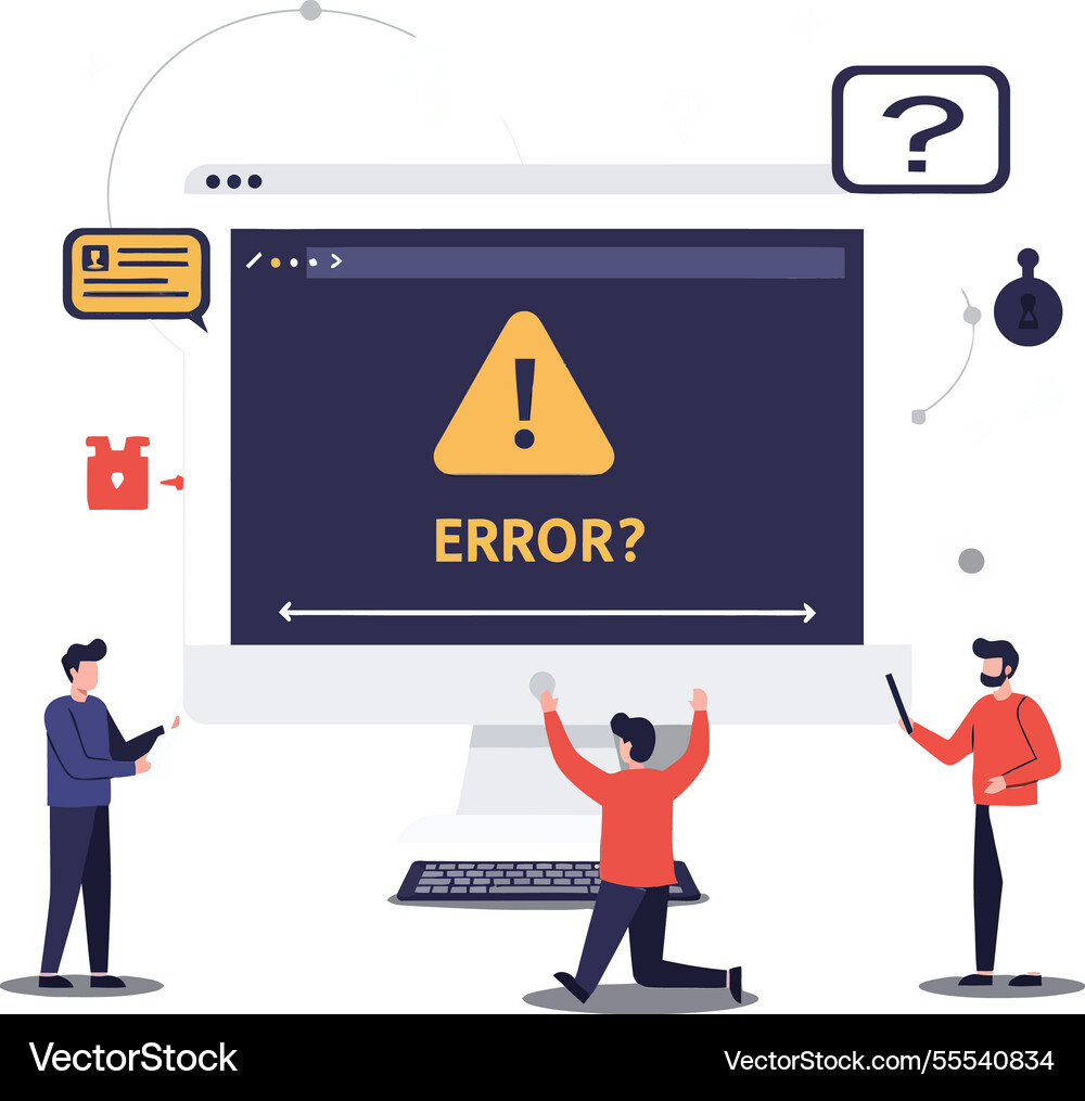 Group of people troubleshooting computer error Group of people troubleshooting computer error vector image