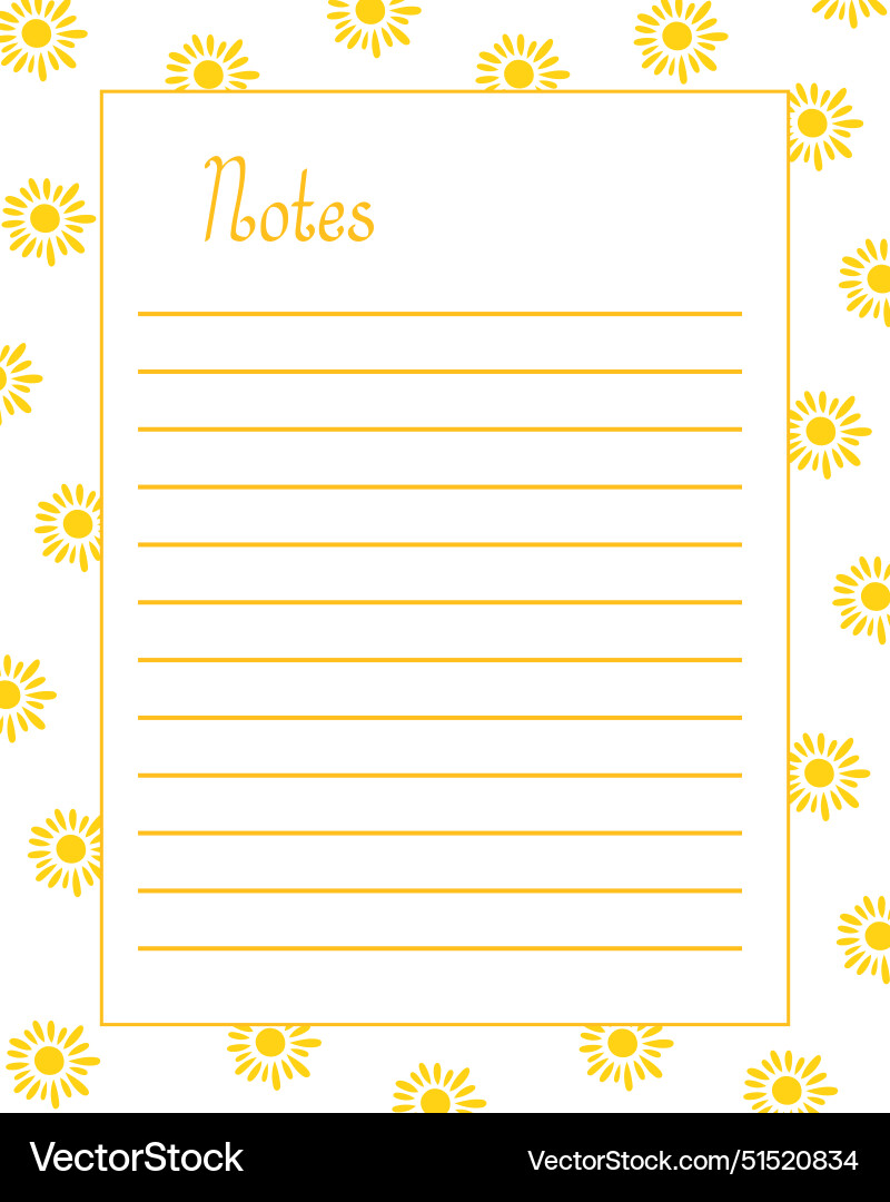 Notes blank lined page template with yellow suns Notes blank lined page template with yellow suns Vector Image