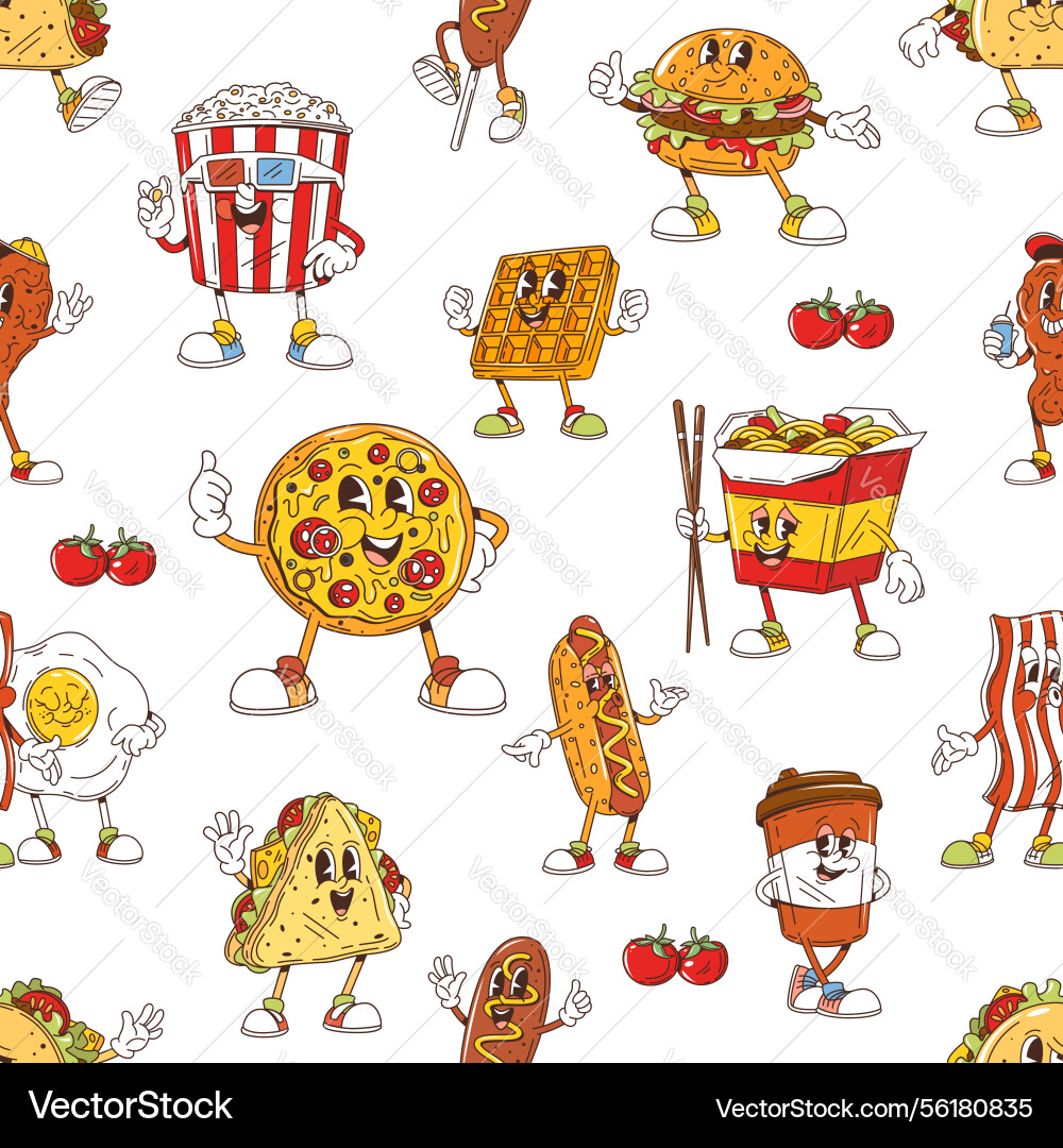 Groovy fast food characters seamless tile pattern Groovy fast food characters seamless tile pattern vector image