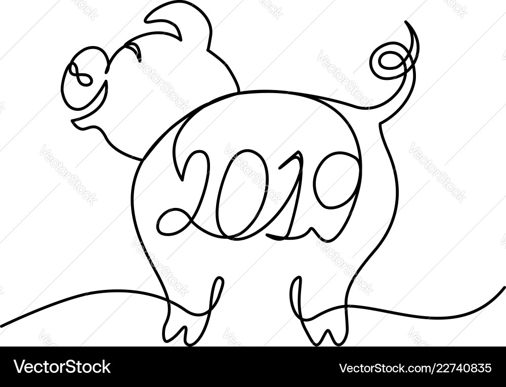 Pig continuous line character with 2019 lettering Pig continuous line character with 2019 lettering vector image