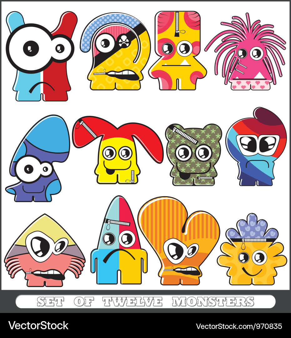 Twelve Cartoon Monsters Vector Image