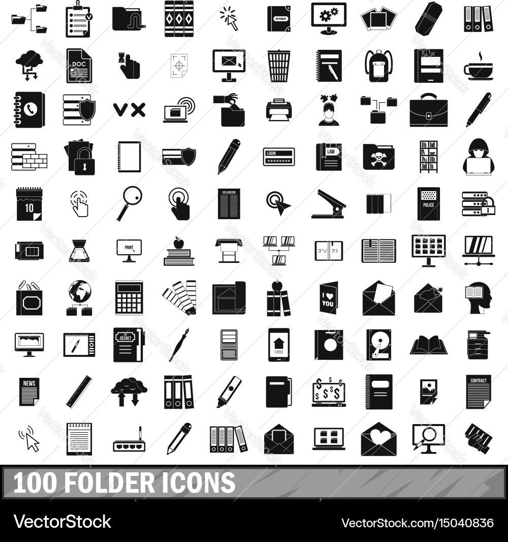 100 folder icons set simple style Vector Image