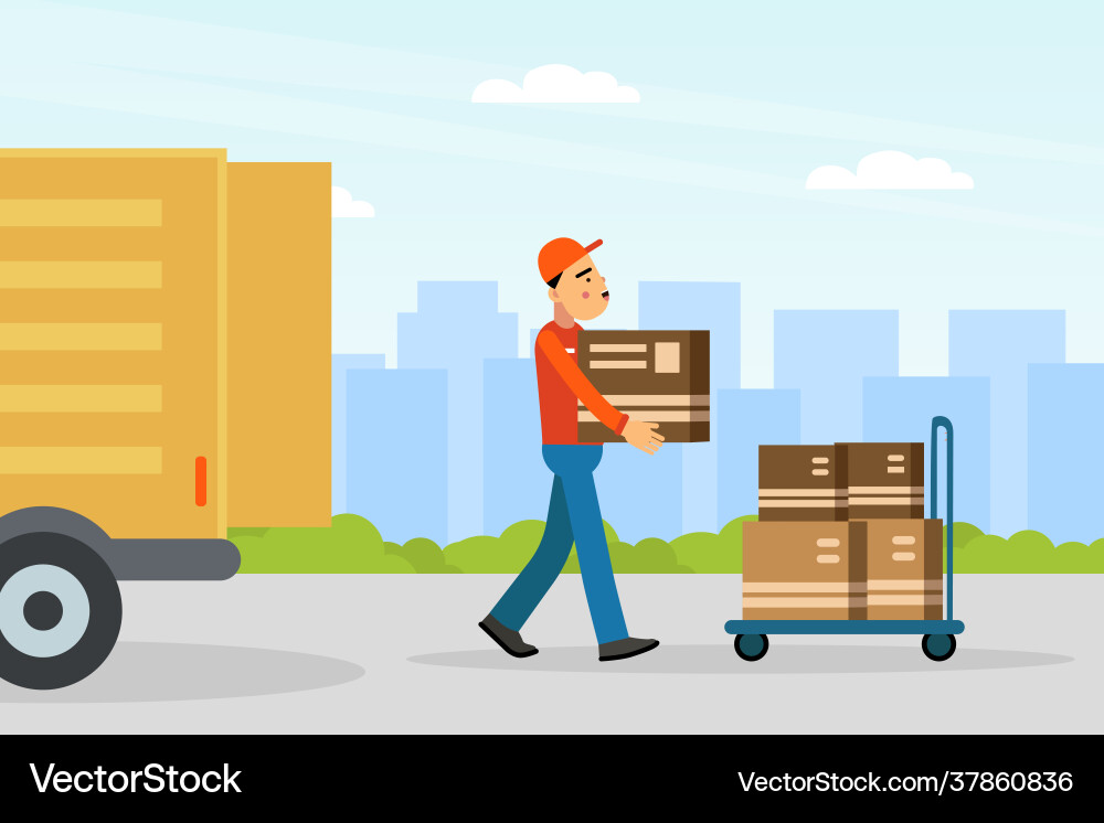 Man worker in uniform with cardboard box Man worker in uniform with cardboard box Vector Image