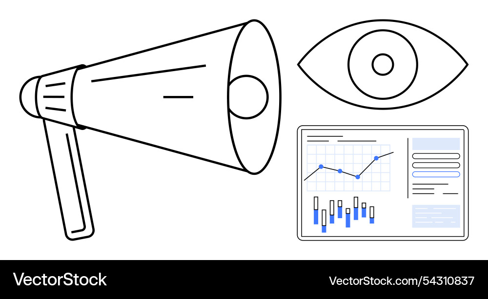 Loudspeaker eye and statistical data on screen Vector Image