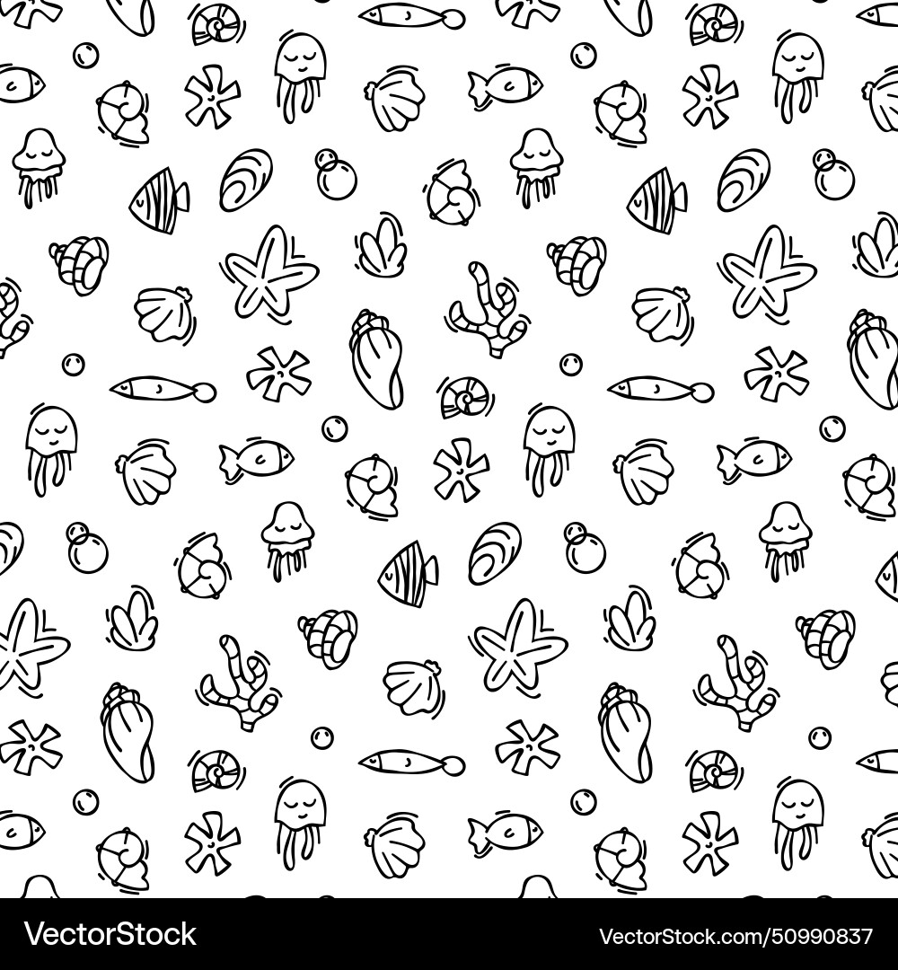 Seashell pattern in doodle style black outline vector image