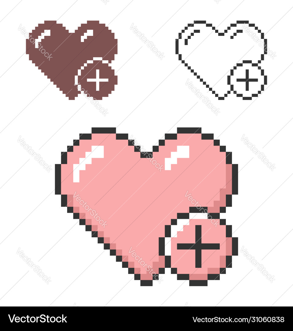 Pixel icon heart with plus sign add Vector Image