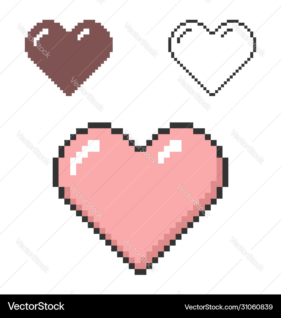 Pixel icon heart in three variants fully Vector Image