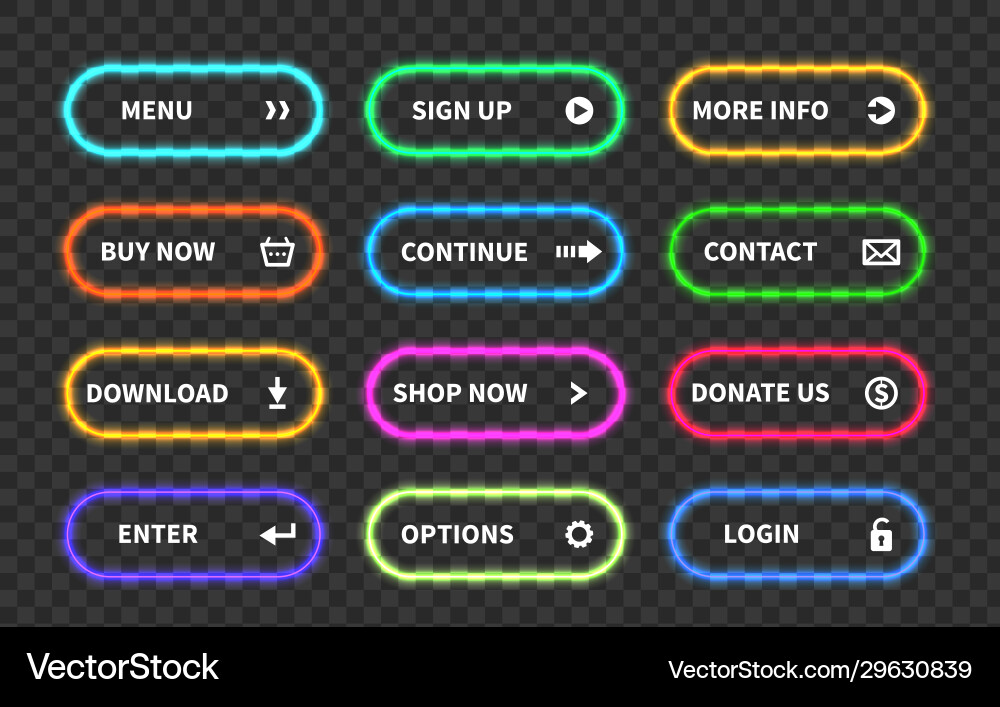 Set glow action buttons neon web submit form Set glow action buttons neon web submit form vector image