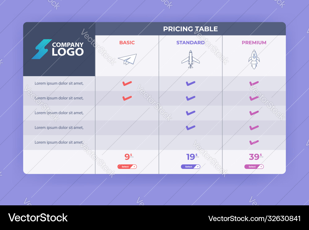 Modern pricing table design with three Modern pricing table design with three vector image