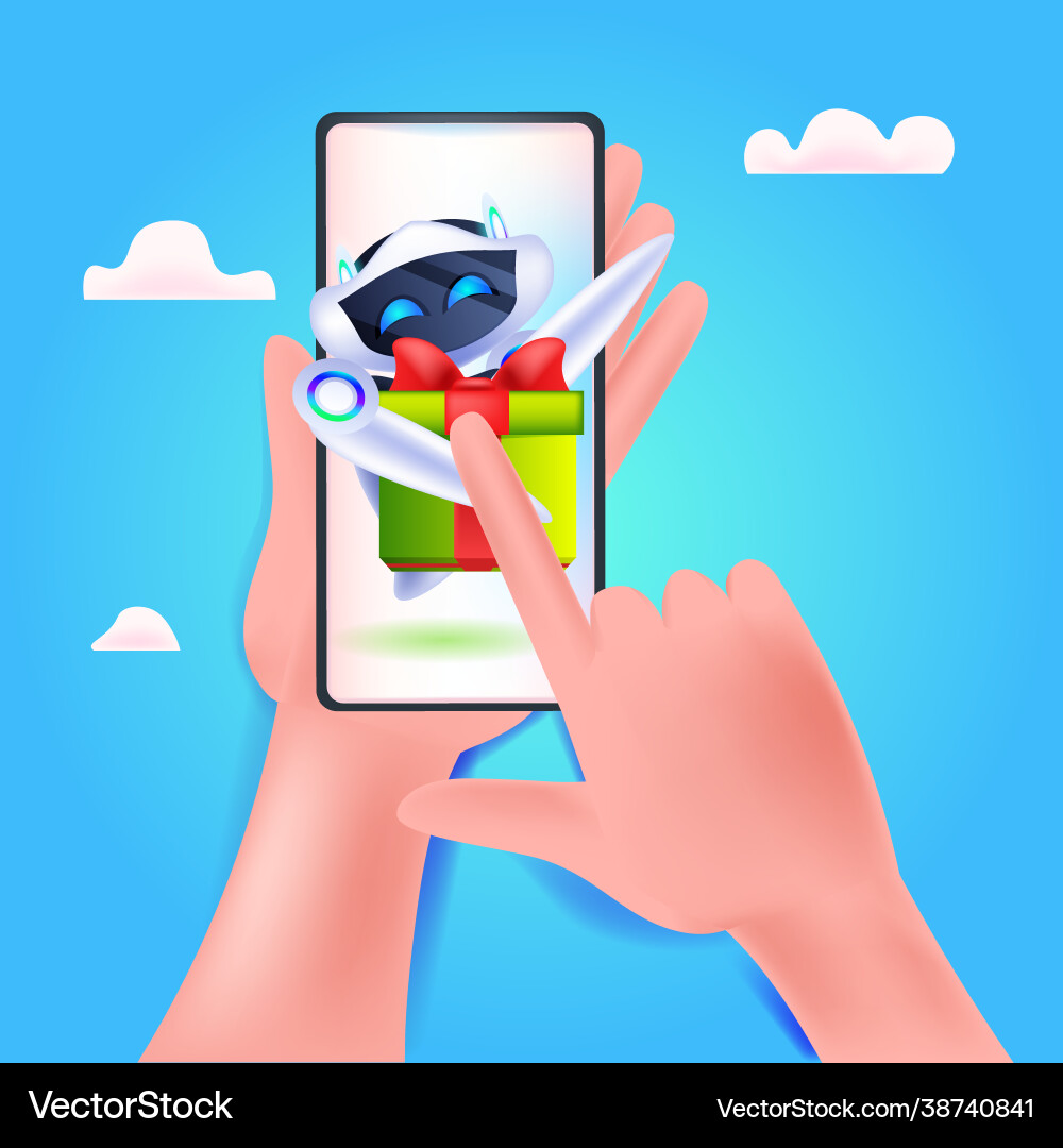 Modern robot with wrapped gift box on smartphone Vector Image