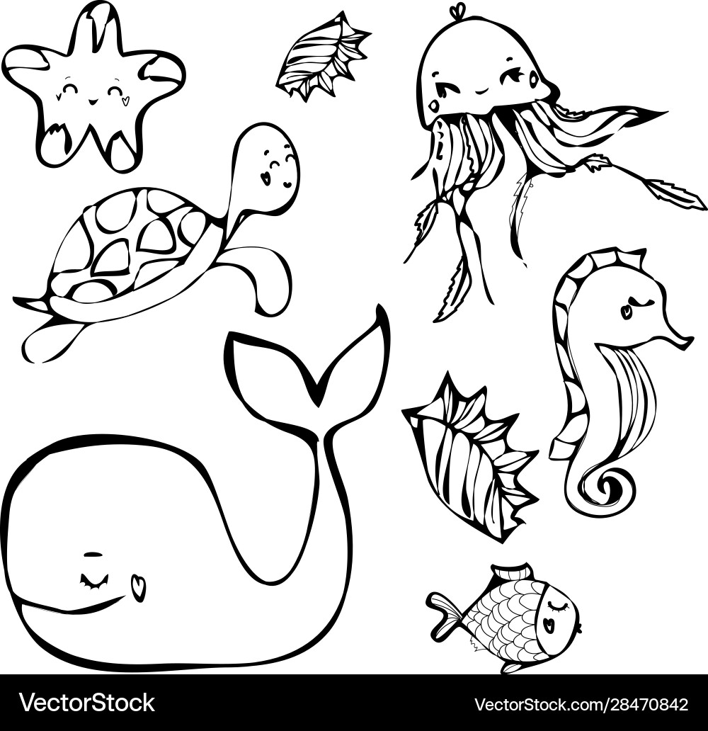 Hand drawn set sea dwellers animals jellyfish Hand drawn set sea dwellers animals jellyfish vector image