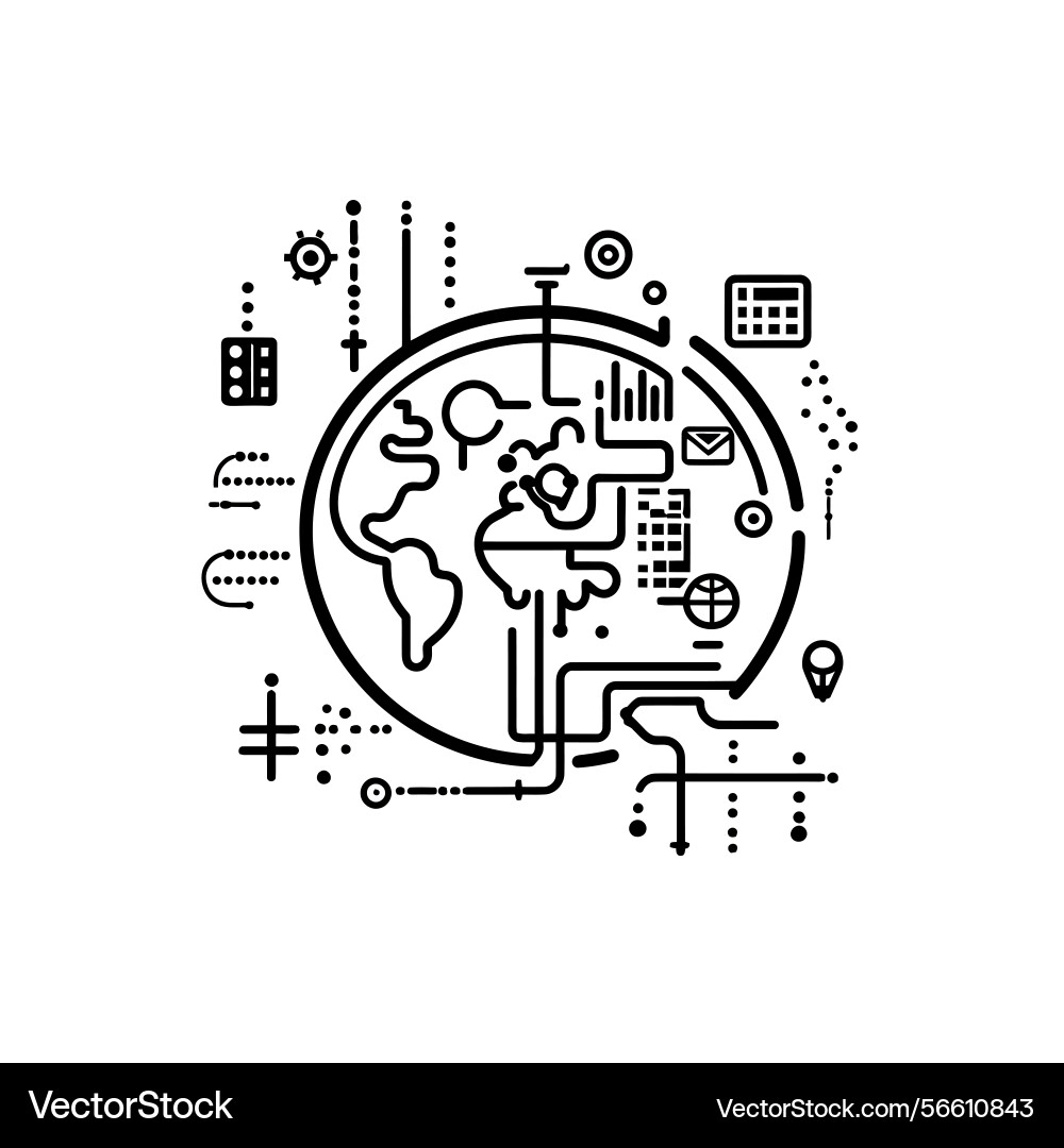 Global network icon outline world map and tech vector image