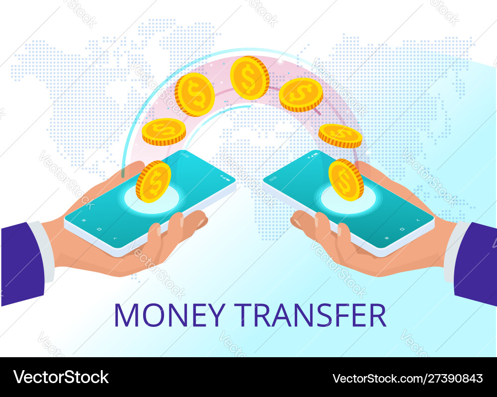 Isometrische Technologie Online-Banking Geldtransfer Vektorbild