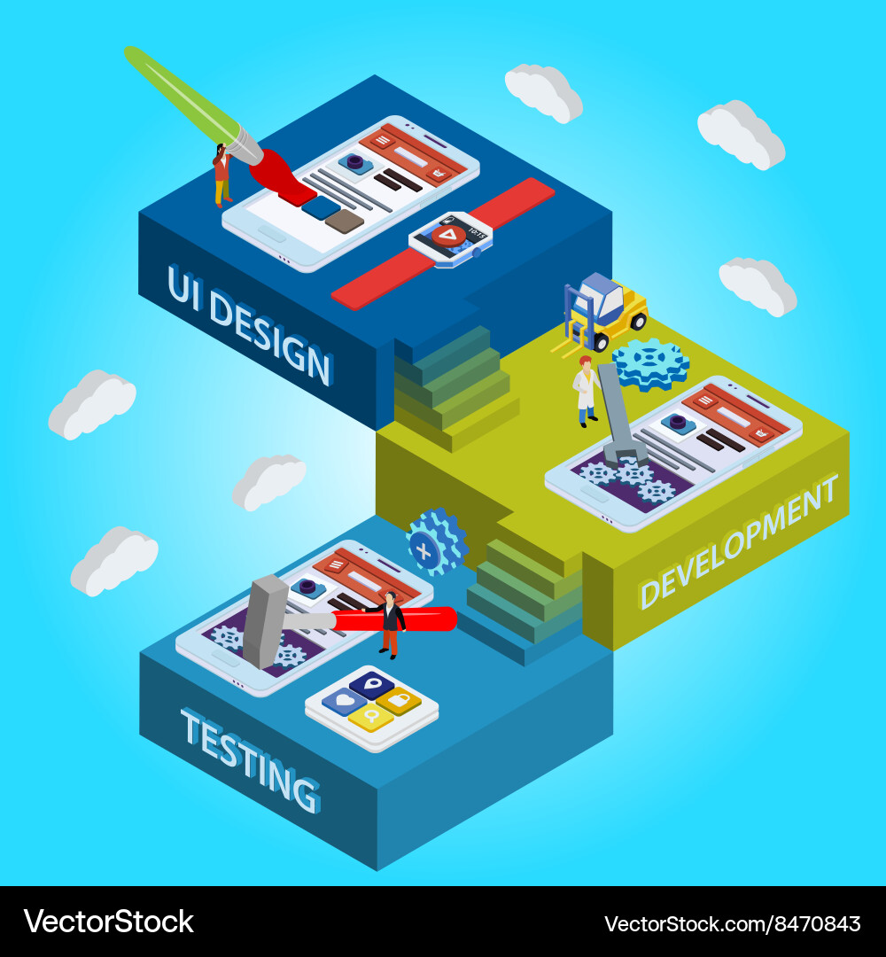 Process of app development flat 3d vector image
