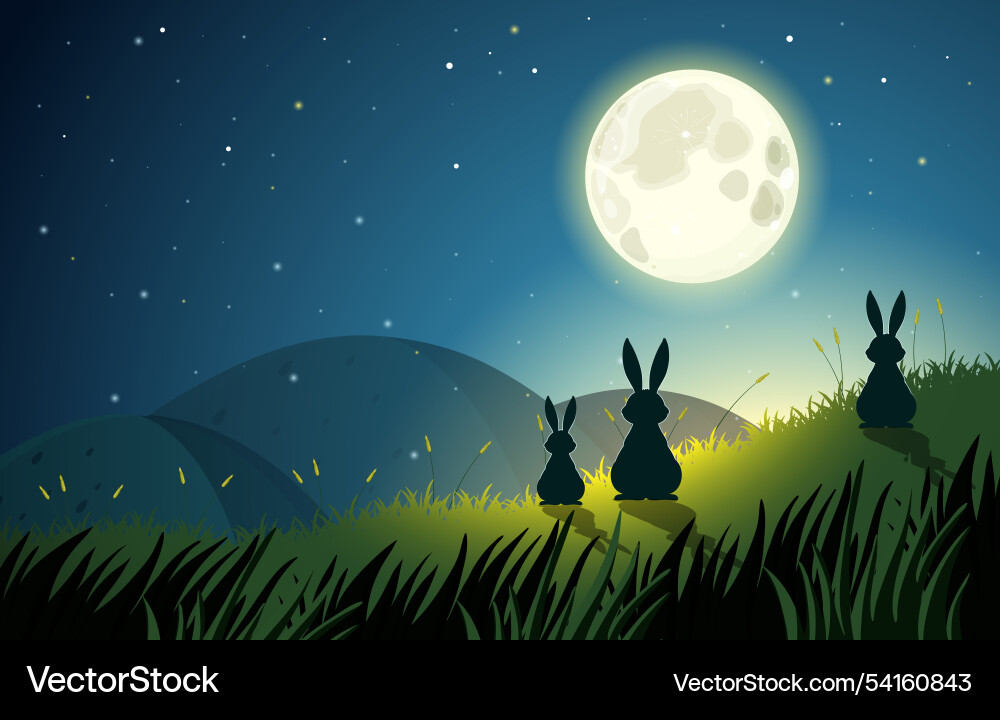 Three rabbits admire the moonlit night sky Three rabbits admire the moonlit night sky vector image