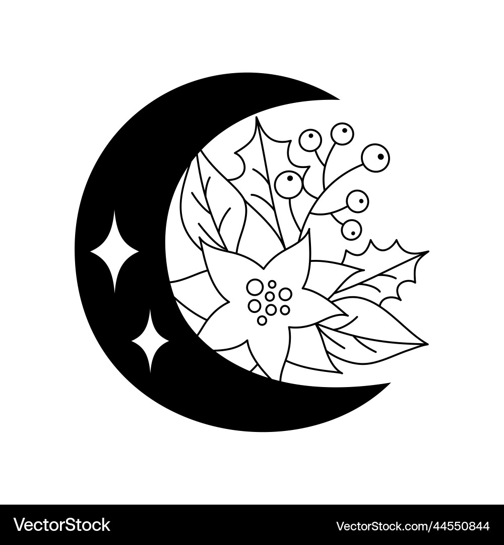 Christmas elements with a moon in linear style Christmas elements with a moon in linear style Vector Image