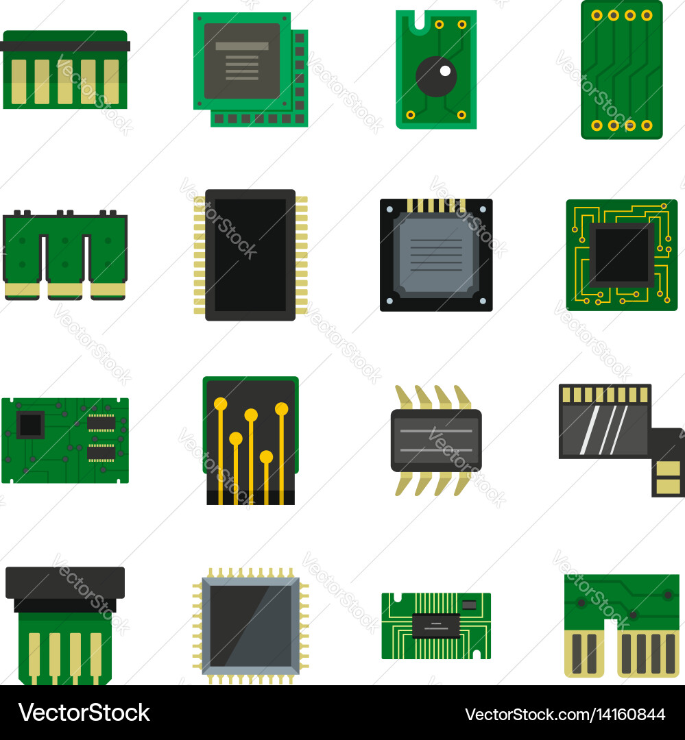 Computer chips icons set in flat style Royalty Free Vector