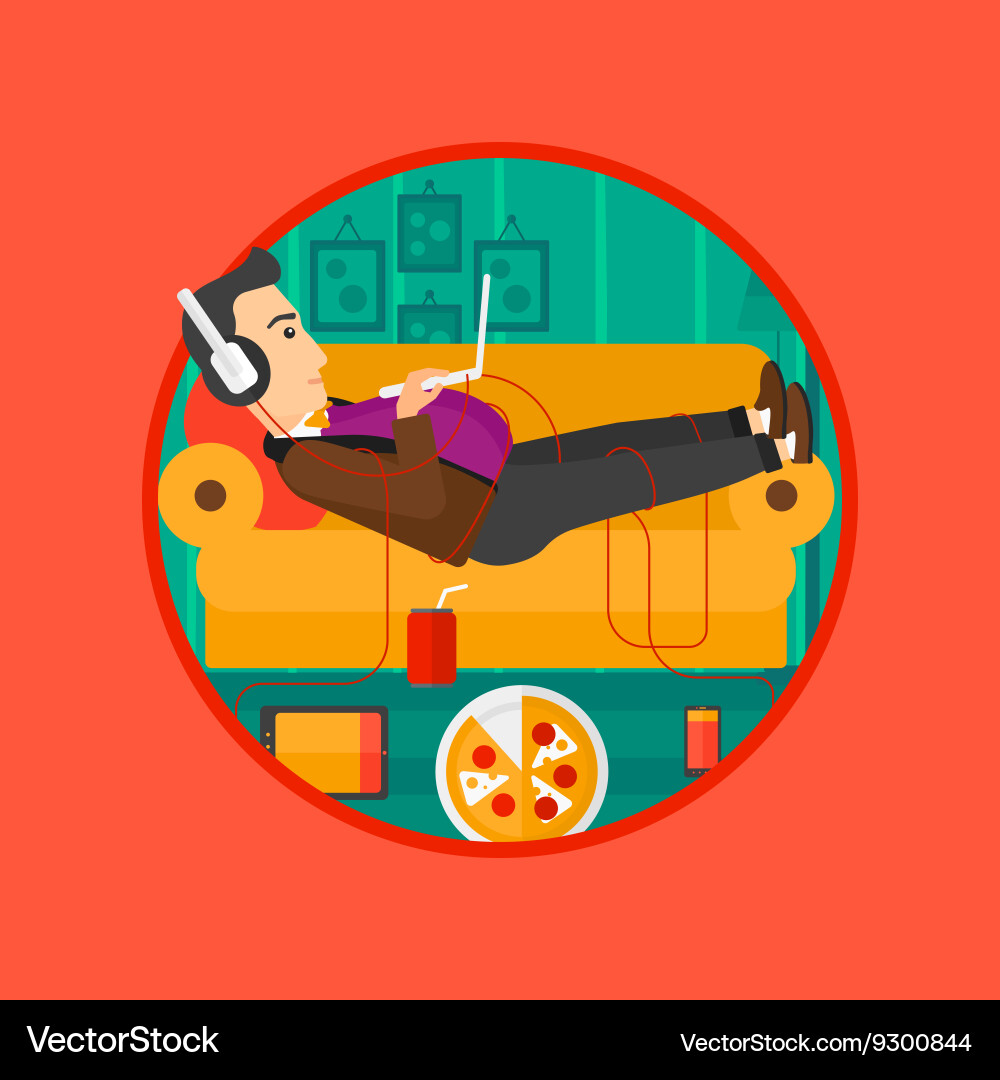Man lying on sofa with many gadgets vector image