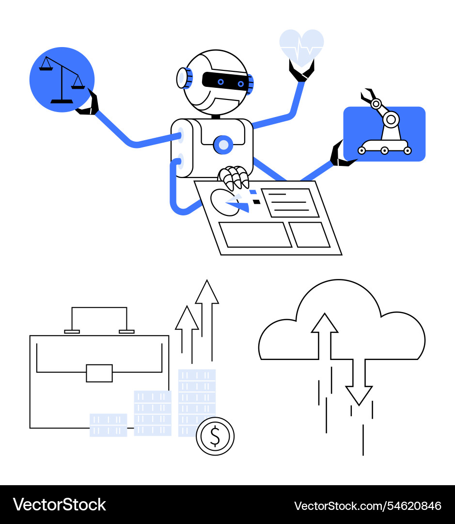 Futuristic robot managing multiple tasks including Futuristic robot managing multiple tasks including vector image