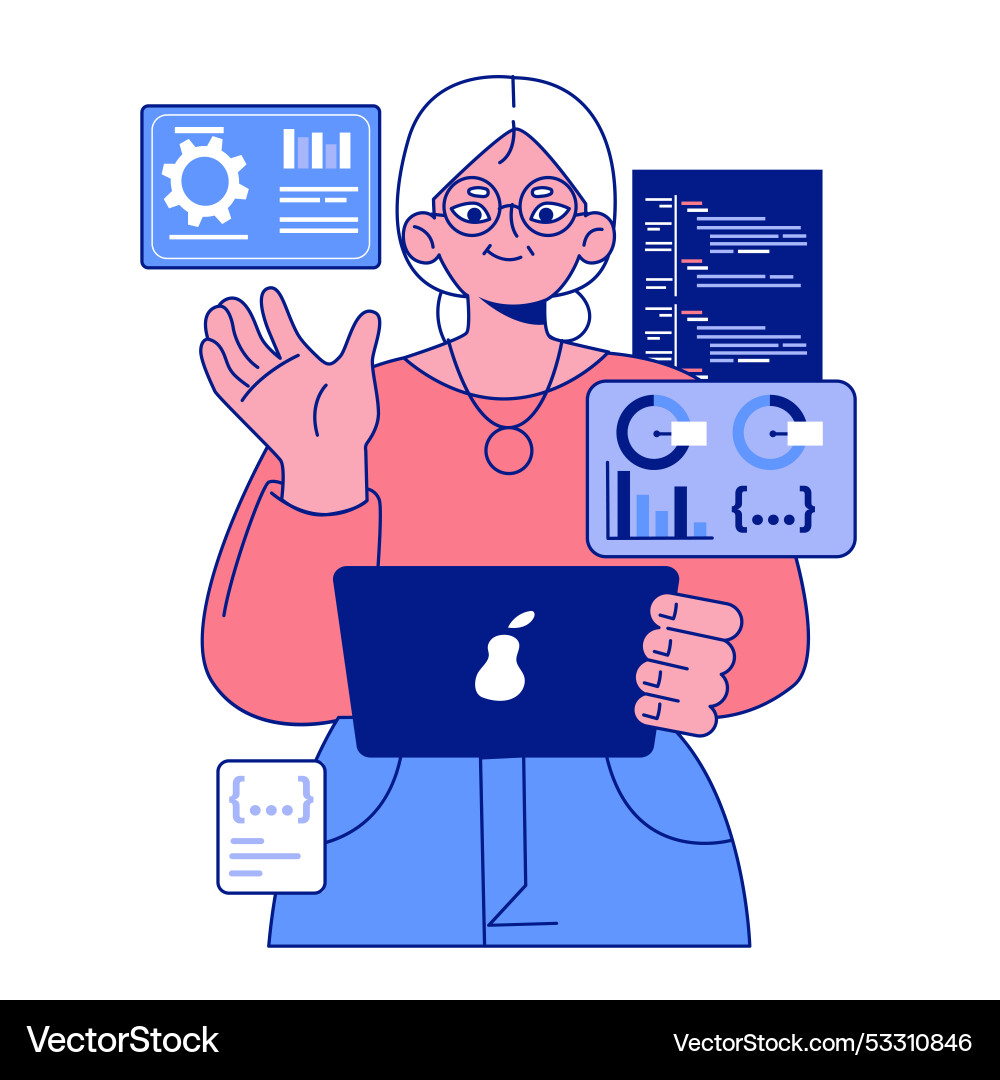 Senior developer old woman programming and coding Vector Image