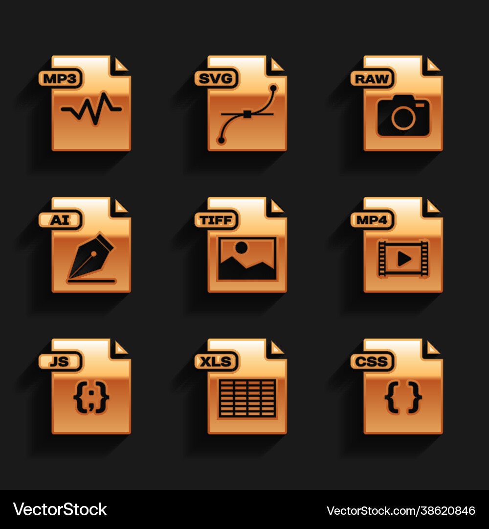 Set tiff file document xls css mp4 js ai raw Set tiff file document xls css mp4 js ai raw vector image