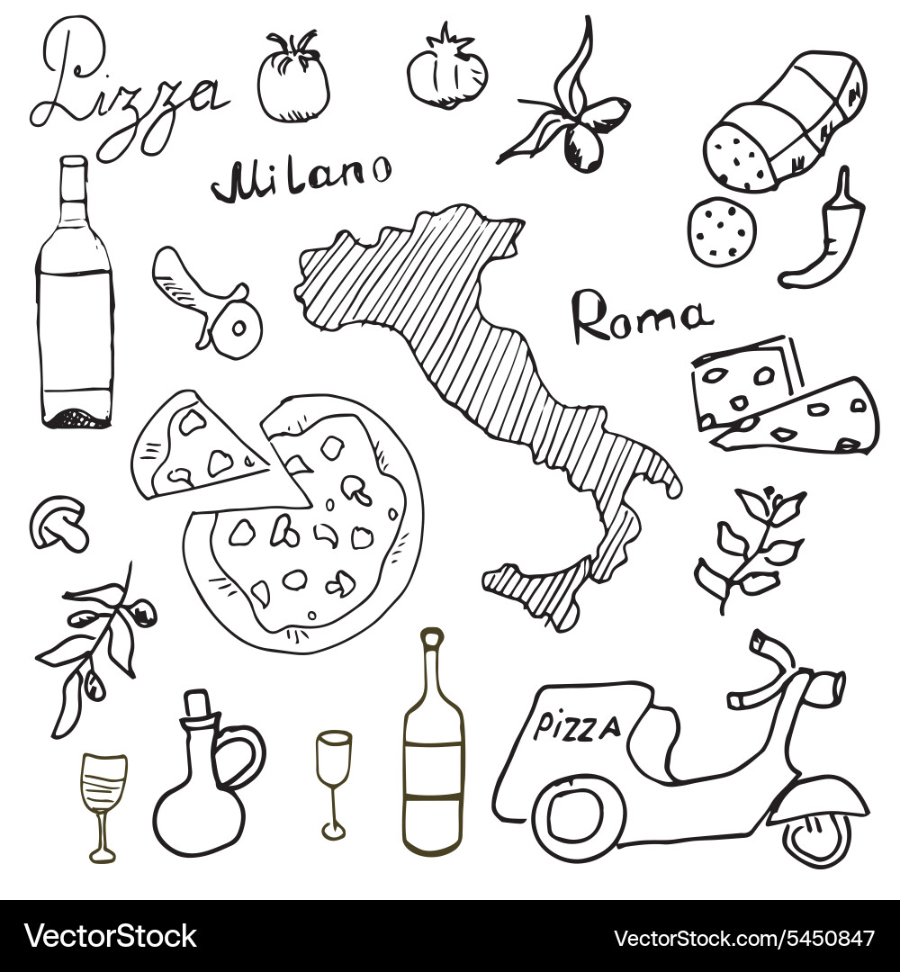 Italy doodles elements hand drawn set with pizza vector image