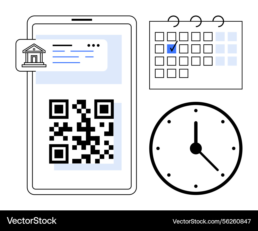 Qr code payment on mobile with calendar and clock Qr code payment on mobile with calendar and clock vector image
