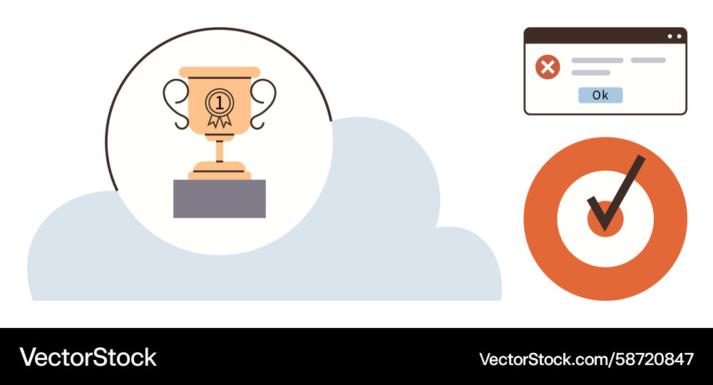 Trophy with a cloud error popup and checkmark Trophy with a cloud error popup and checkmark Vector Image