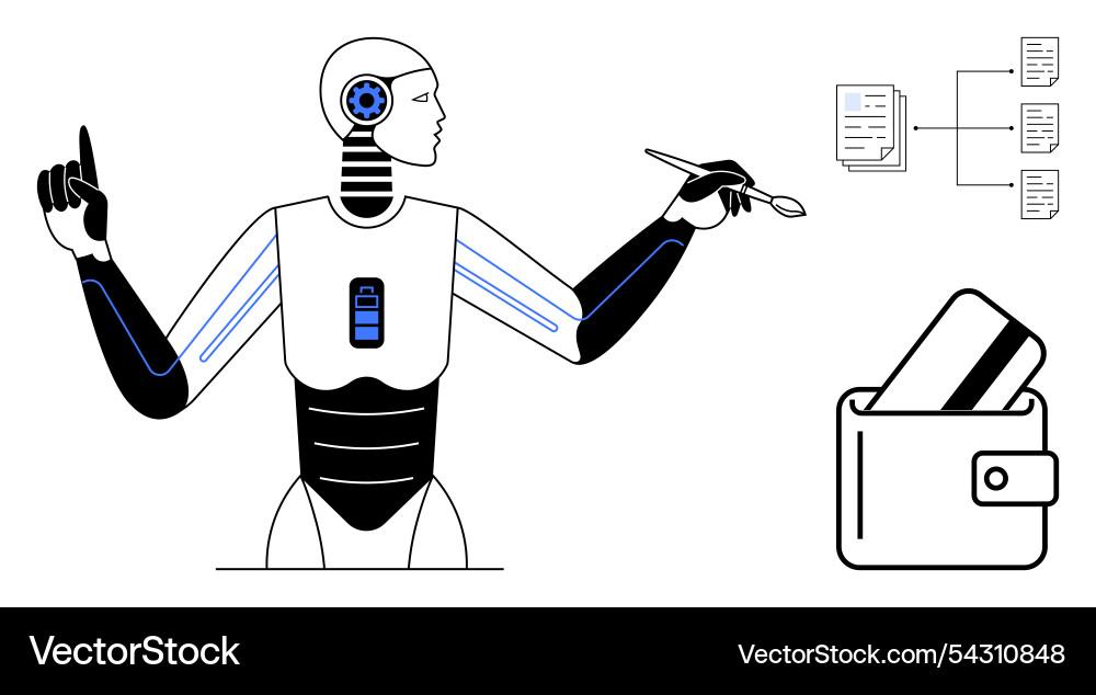 Ai robot with stylus hand gesturing towards Ai robot with stylus hand gesturing towards vector image