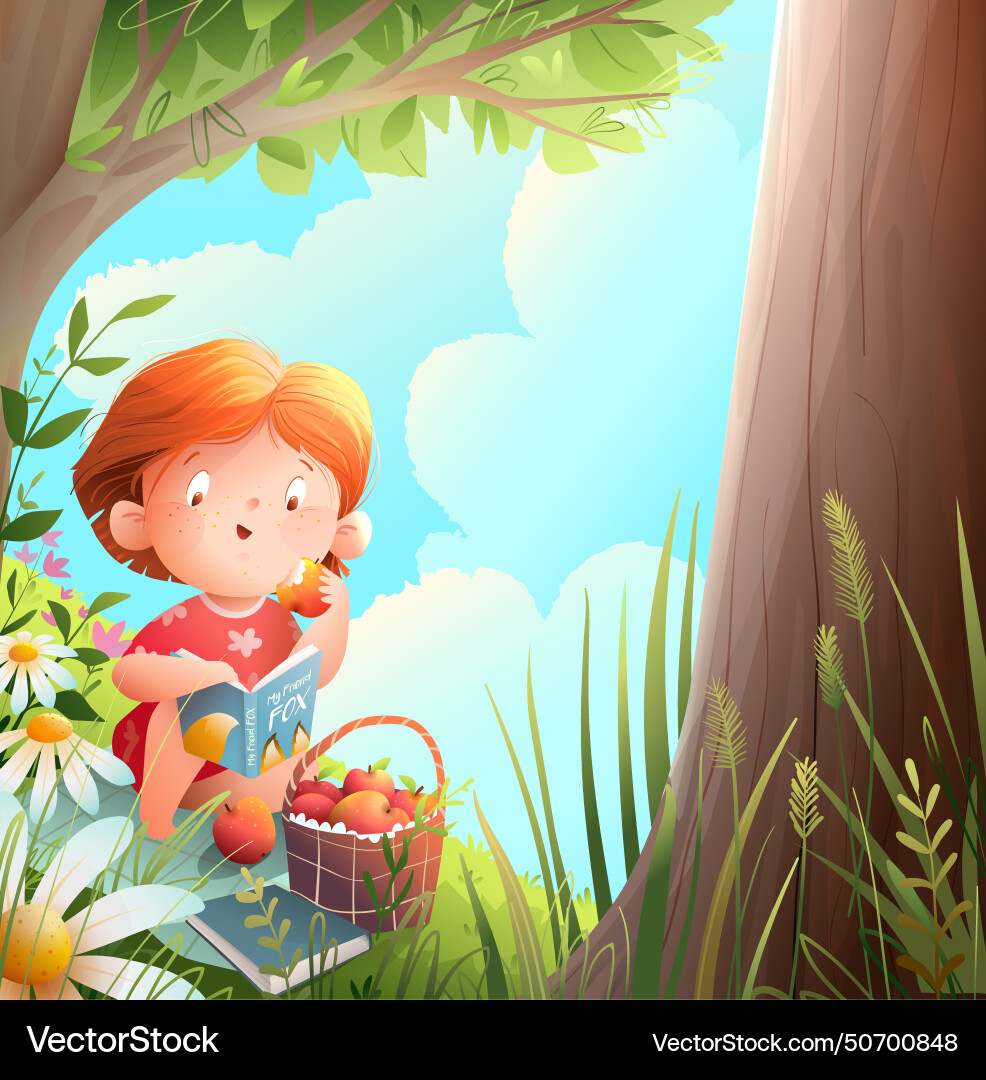 Kleine Mädchen Lesebuch Sommer Picknick unter Baum Kleine Mädchen Lesebuch Sommer Picknick unter Baum vektorbild