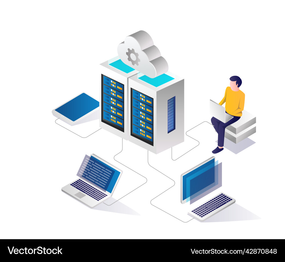 Man working on cloud server Man working on cloud server vector image
