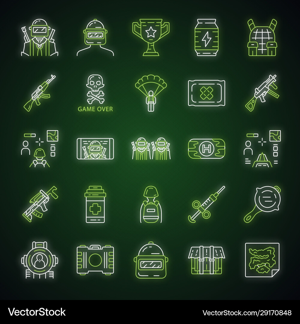 Online game inventory neon light icons set Online game inventory neon light icons set vector image