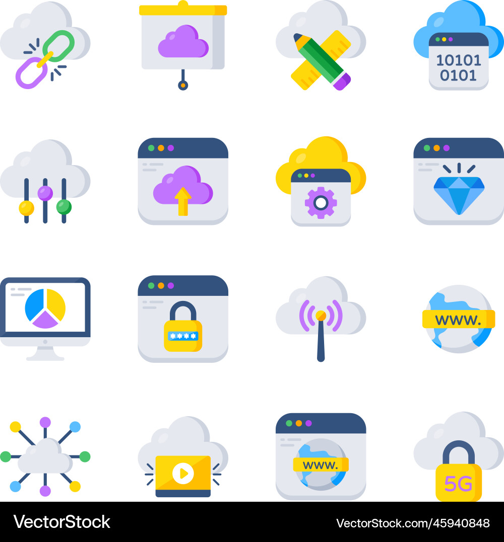 Pack of cloud computing and hosting flat icons vector image
