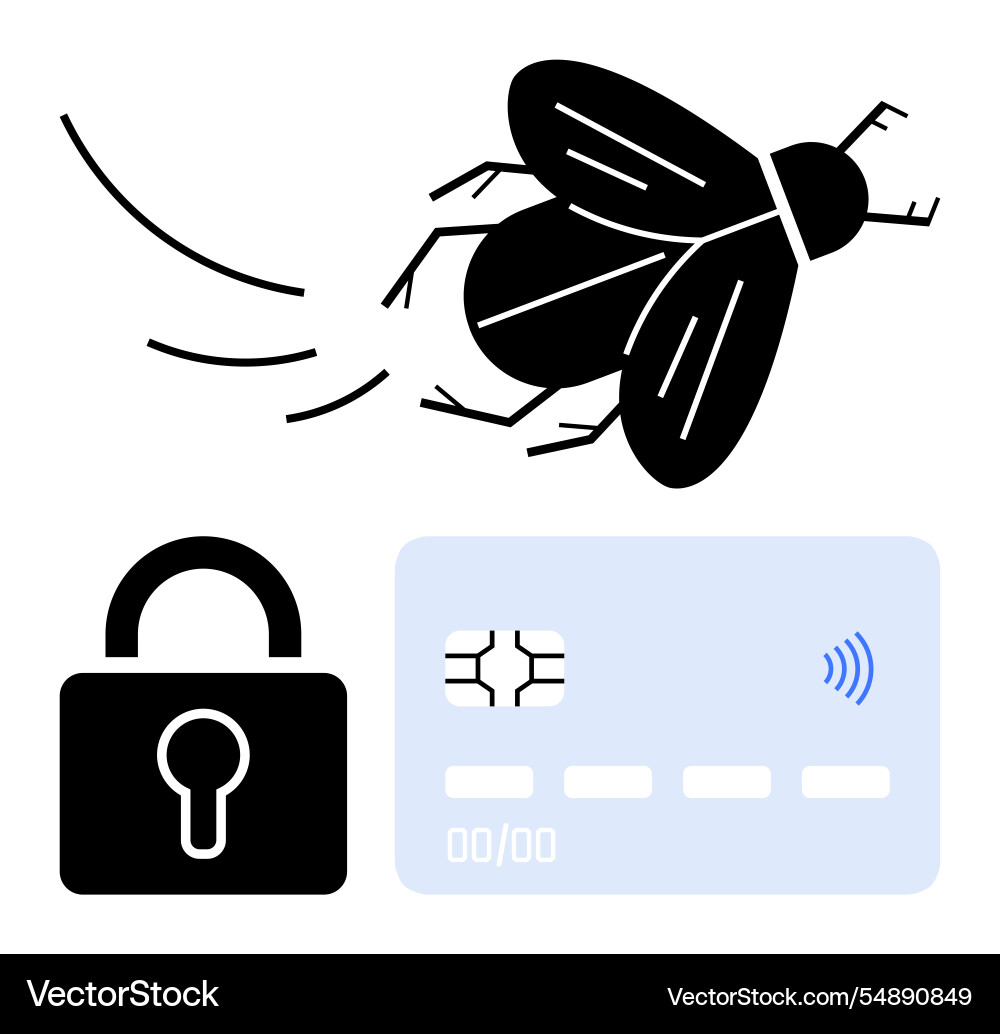 Data security risk concept with flying bug lock vector image