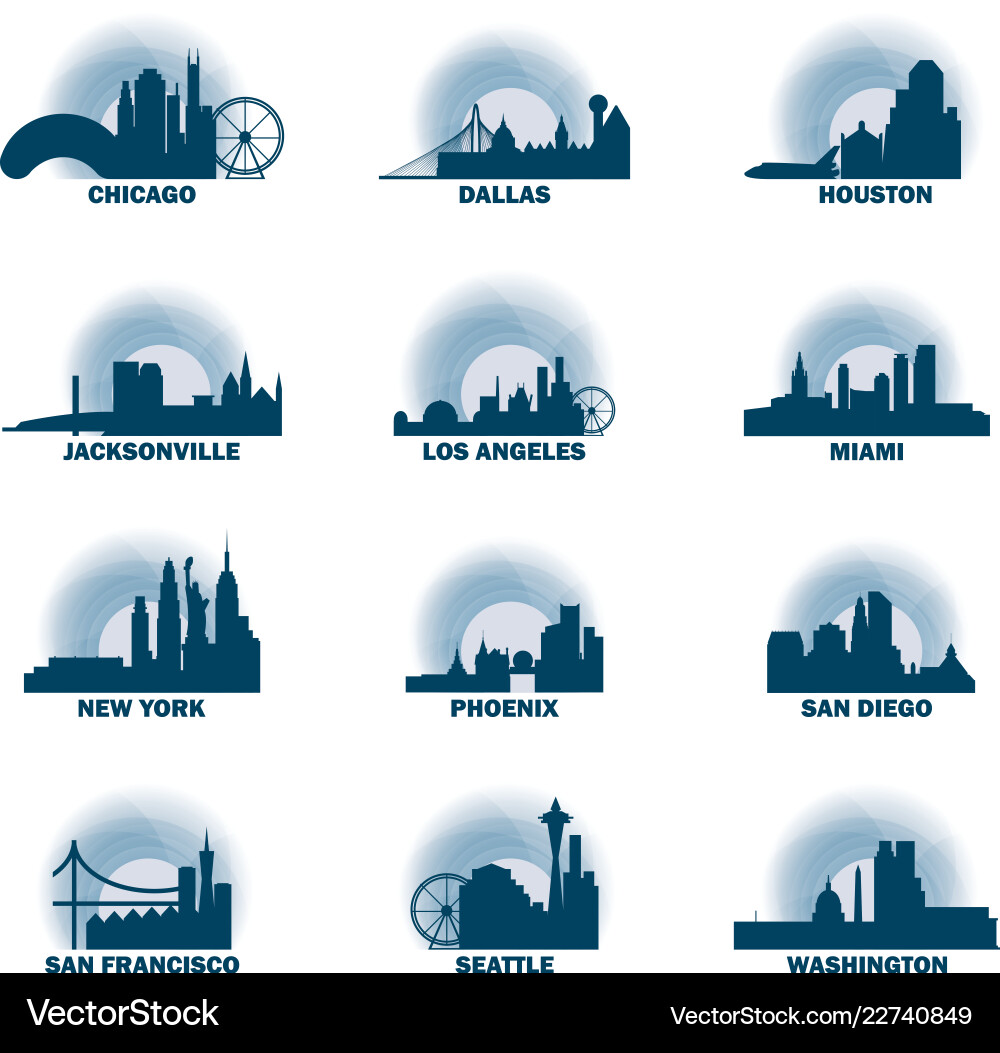 Usa cities icons set skyline logo pack Usa cities icons set skyline logo pack vector image