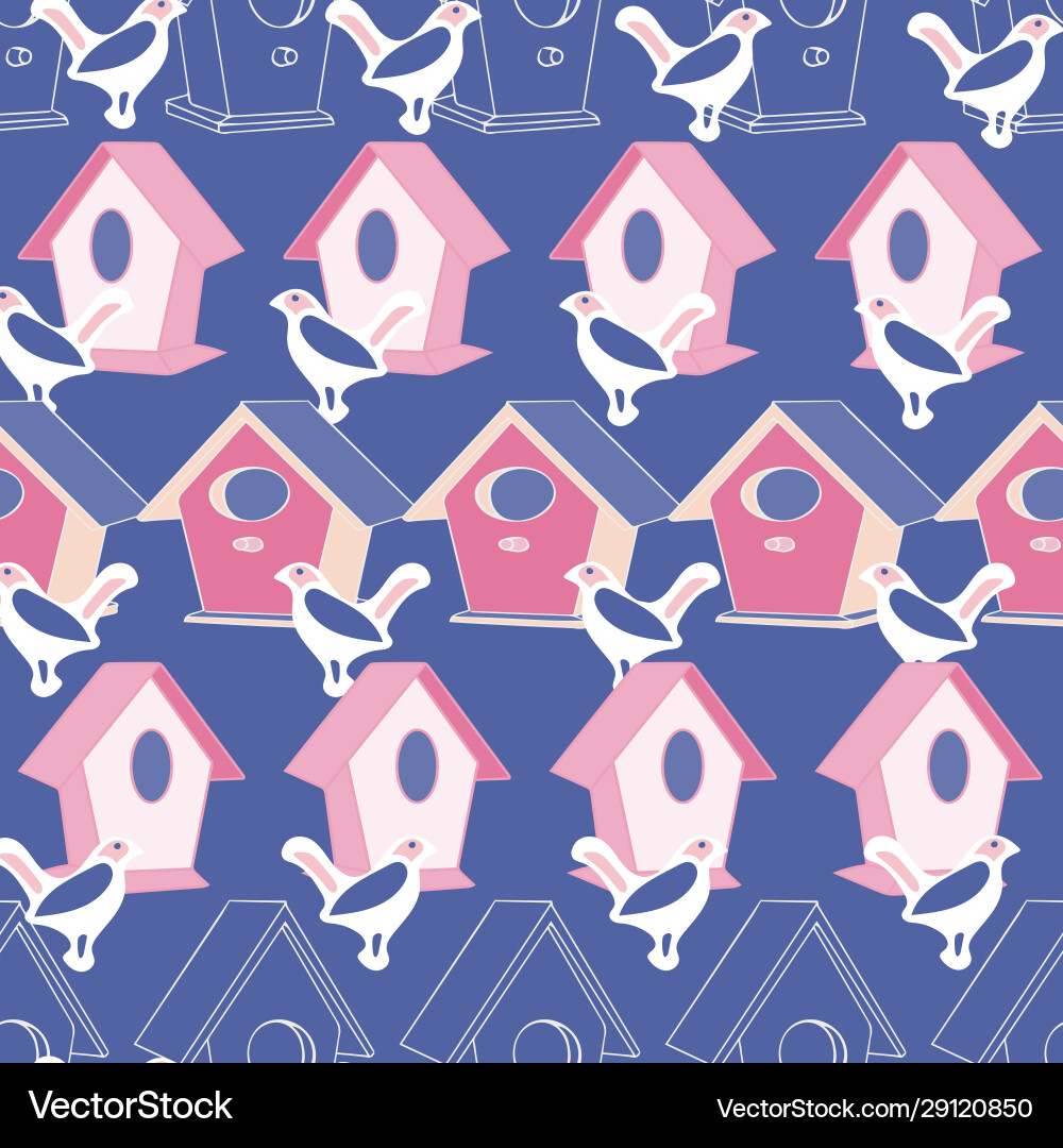 Birds in a row birdhouse pattern repeat Birds in a row birdhouse pattern repeat vector image