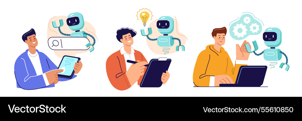 Robot with artificial intelligence and people Robot with artificial intelligence and people vector image