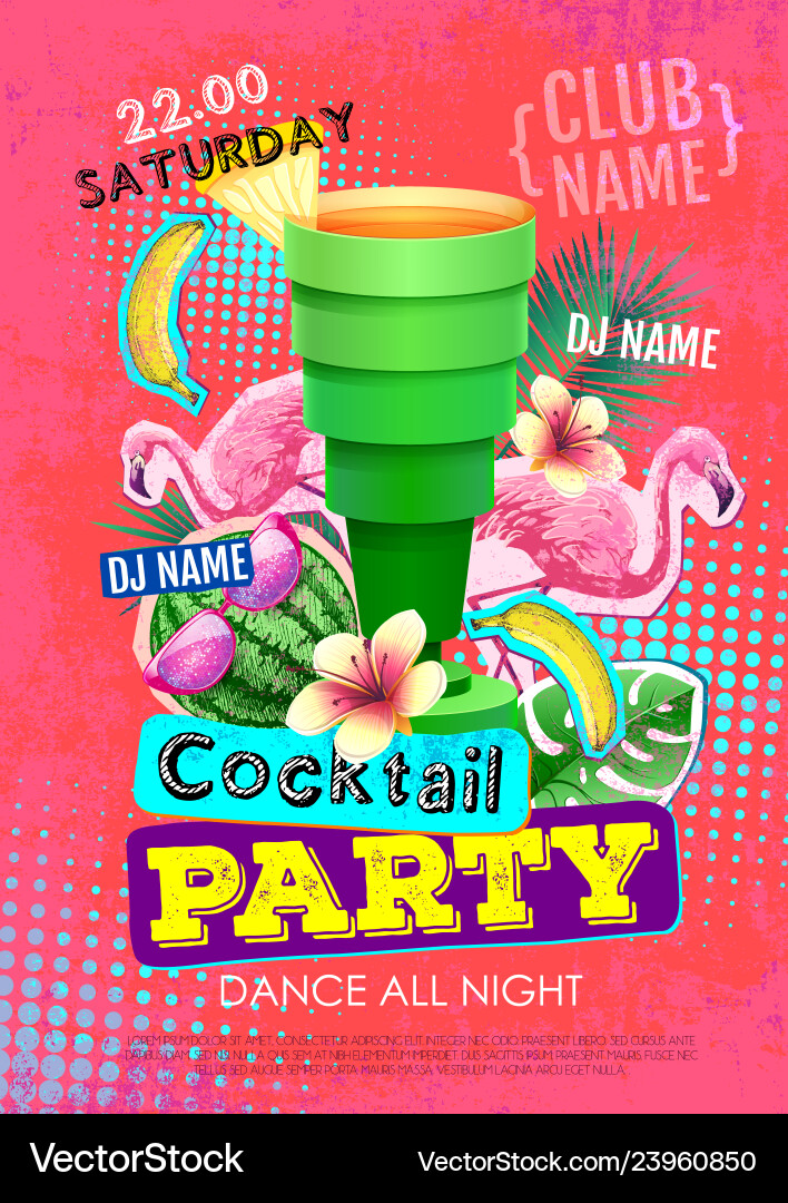 Summer cocktail party disco poster in zine style Summer cocktail party disco poster in zine style vector image