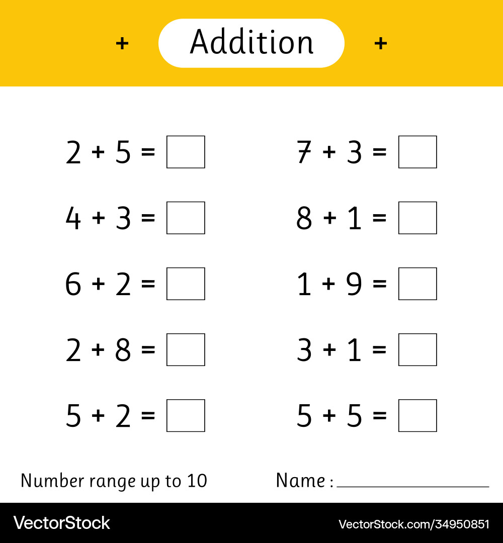 Addition number range up to 10 math worksheet Vector Image