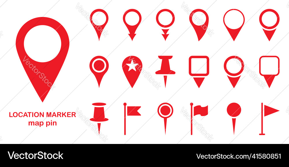 Red location pins sign set of marker point on map Red location pins sign set of marker point on map vector image